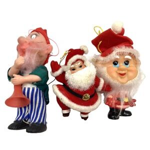3 Vtg MCM Ninhira Japan‎ Christmas Elf Santa Rubber Face Ornaments Doll
